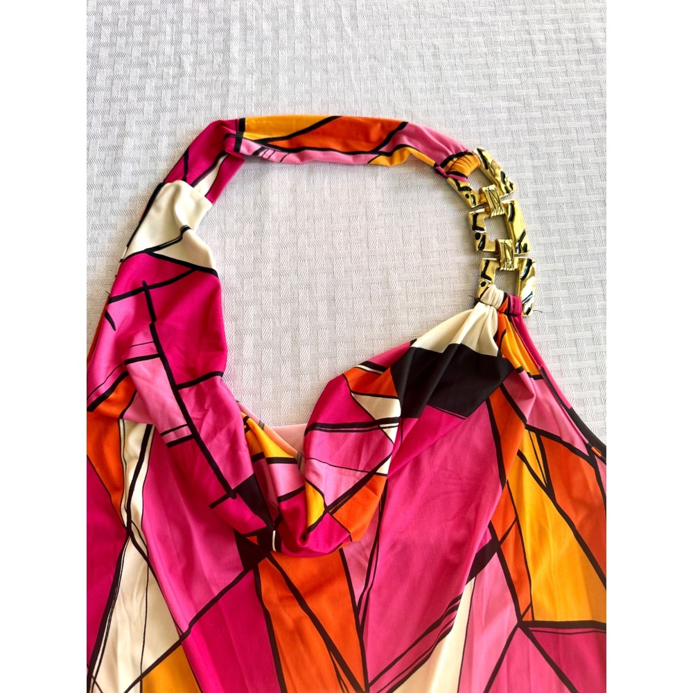 Juju & B Pink Geometric Halter Mini Dress Gold Chain Ruched Bodycon Size L - Picture 8 of 11